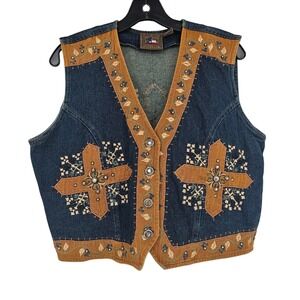 Don't Mess With Texas Embroidered Studded Cropped Vest XL Brown & Denim Western